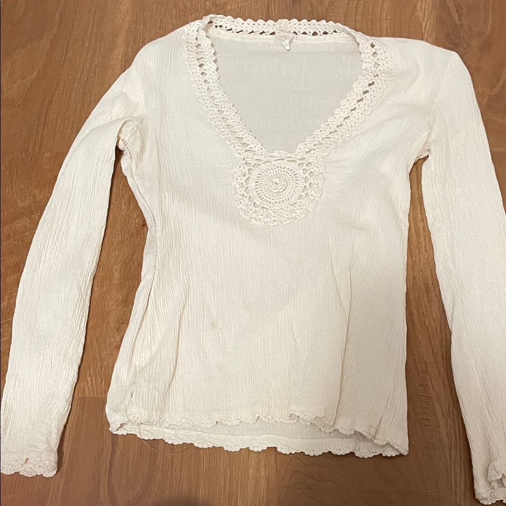 Chic Cream Crochet Detail Women's Long Sleeve Top